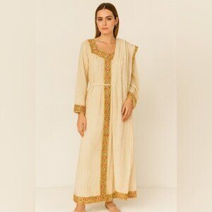 Vintage Ethiopian Cream Boho Maxi Dress Beaded Embroidered Long Sleeve Ethnic